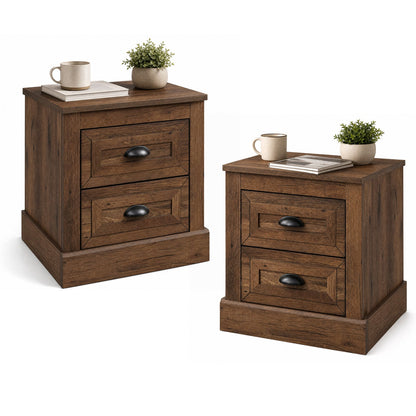 Farmhouse Nightstand Set of 2, 2 Drawers, Brown