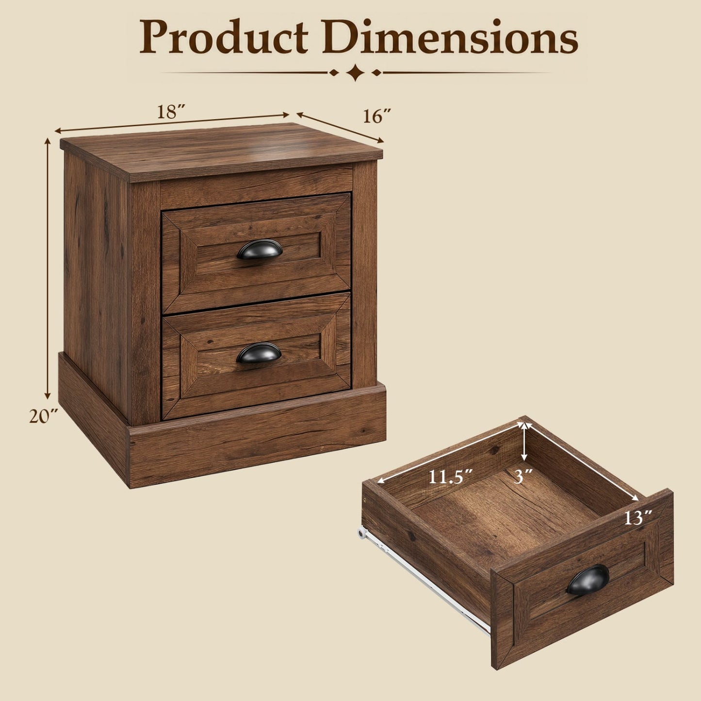 Farmhouse Nightstand Set of 2, 2 Drawers, Brown