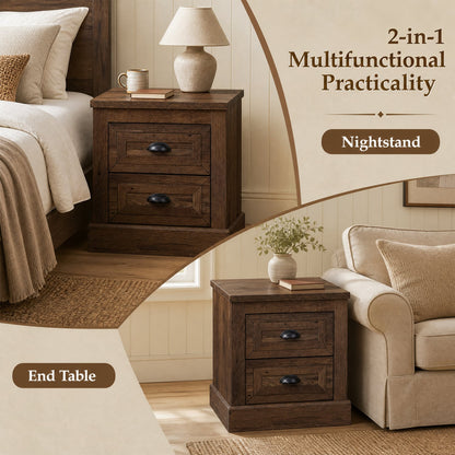Farmhouse Nightstand Set of 2, 2 Drawers, Brown