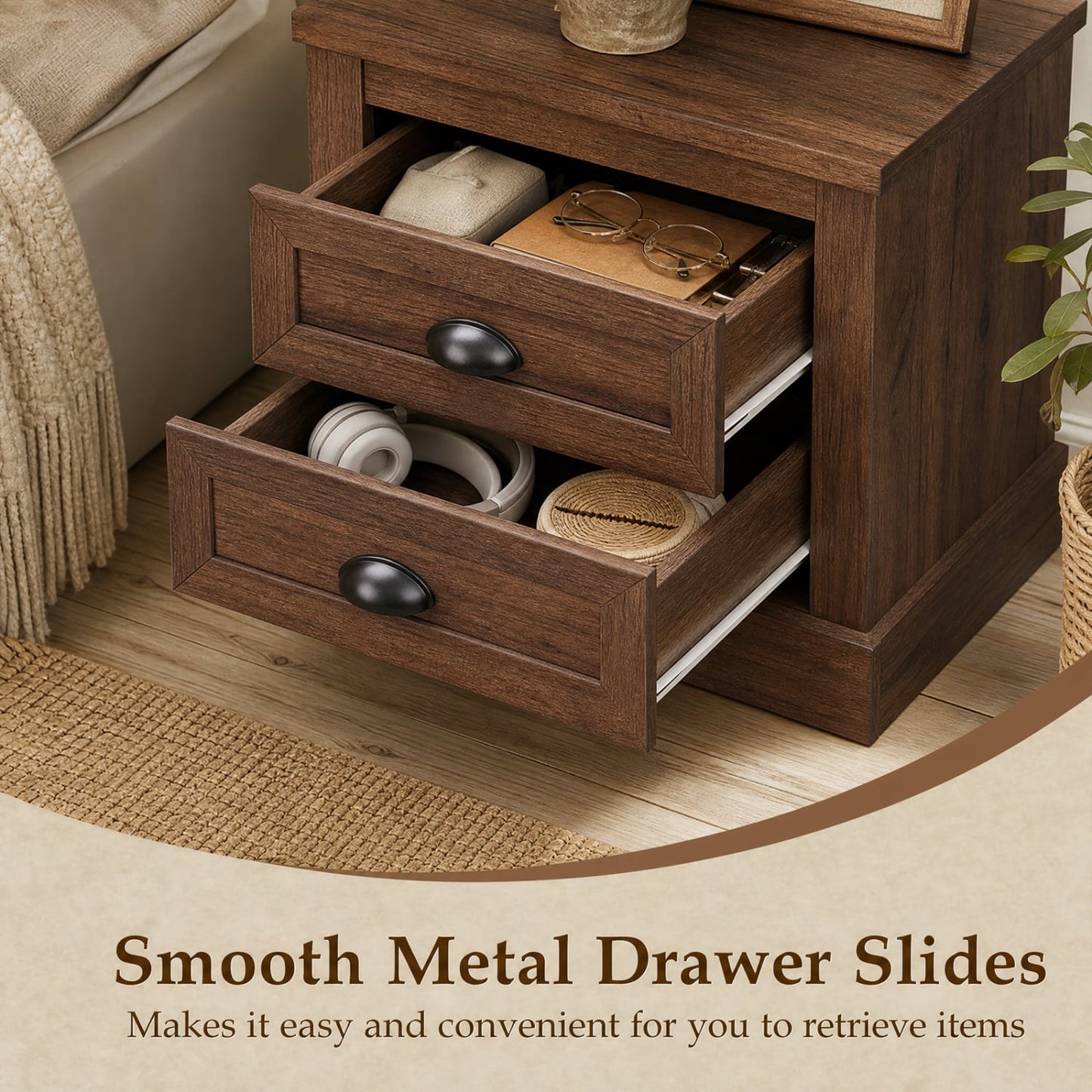 Farmhouse Nightstand Set of 2, 2 Drawers, Brown