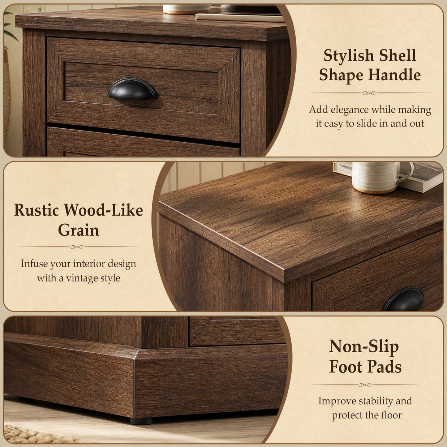 Farmhouse Nightstand Set of 2, 2 Drawers, Brown