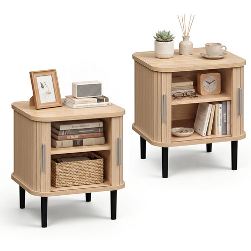 Fluted Nightstand Set of 2, Sliding Doors, Adjustable Shelf, Natural