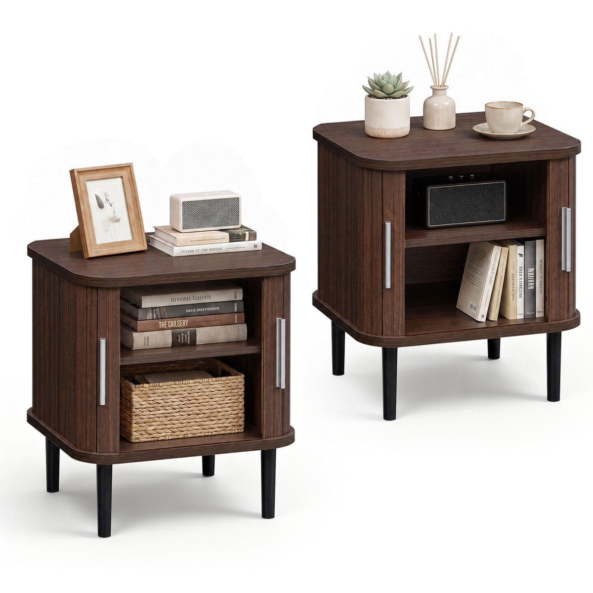 2 Fluted Nightstands, Sliding Doors, Adjustable Shelf, Walnut Nightstands Walnut at Gallery Canada