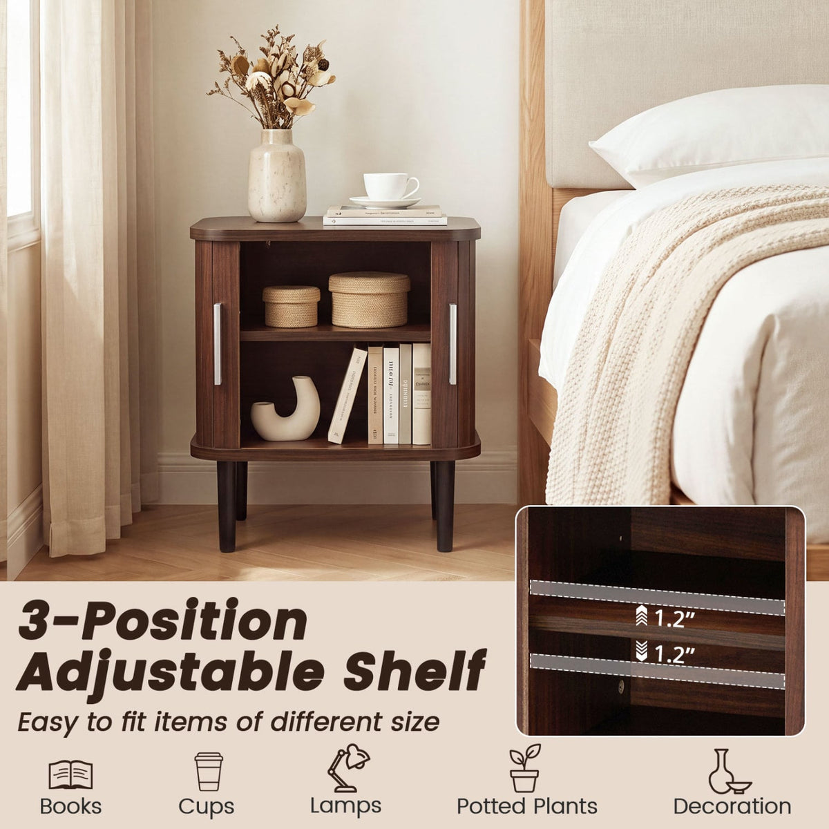 2 Fluted Nightstands, Sliding Doors, Adjustable Shelf, Walnut Nightstands at Gallery Canada