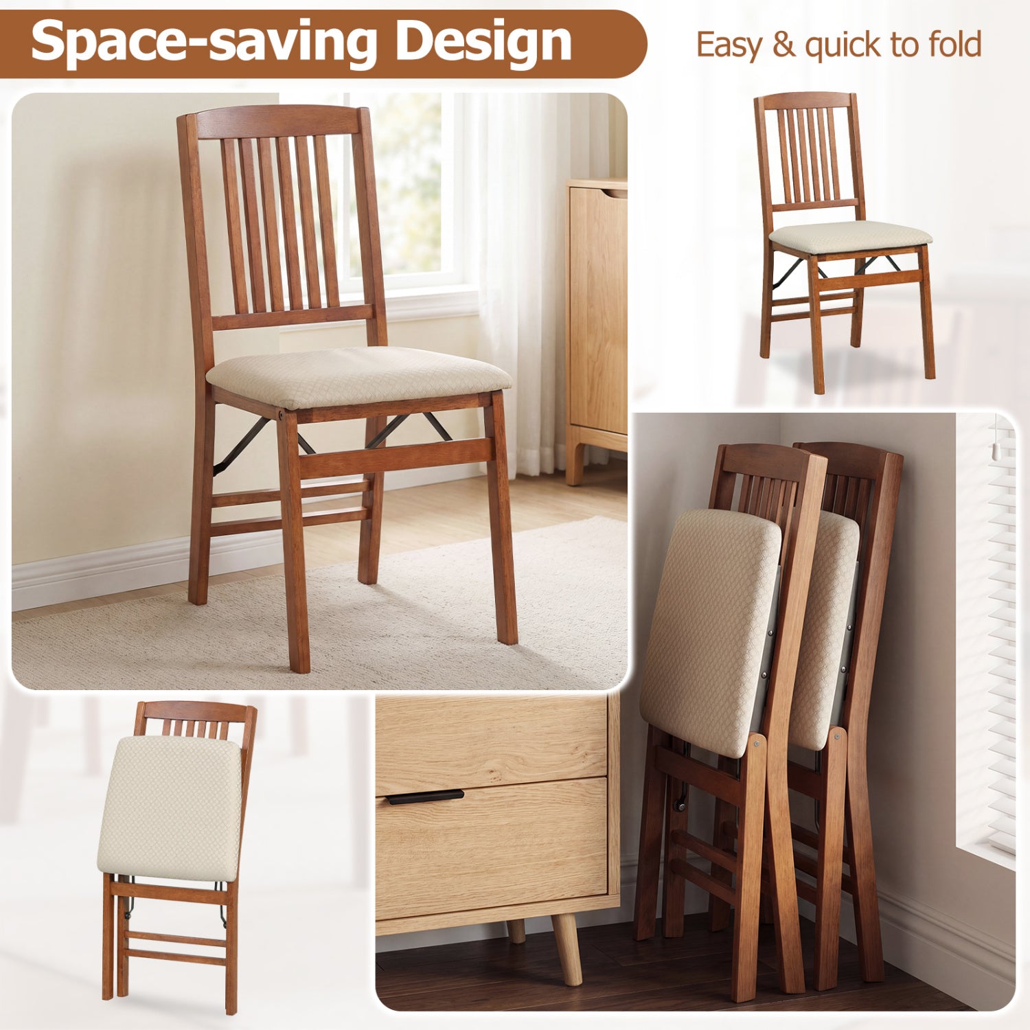 Set Of 2 Foldable Upholstered Kitchen Chairs, Beige Dining Chairs at Gallery Canada