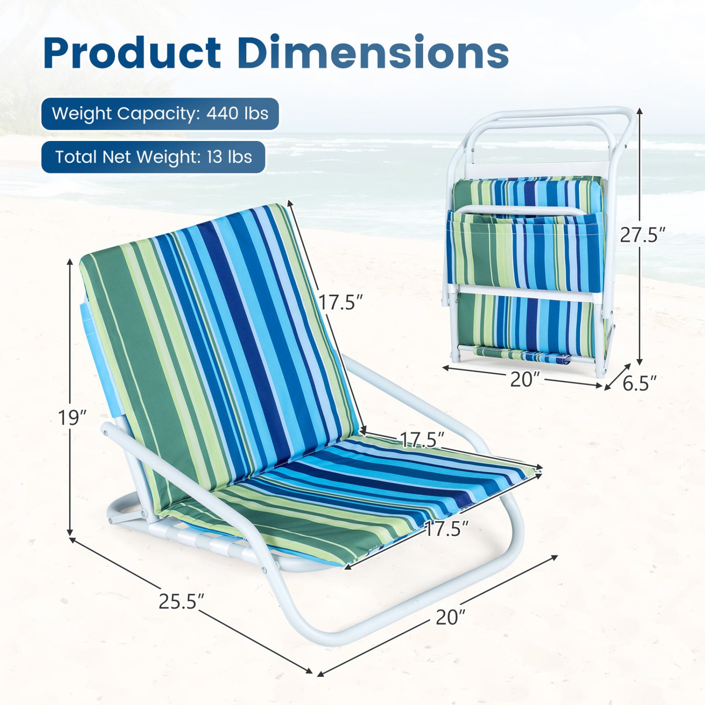 Set of 2 Folding Beach Chairs with Padded Seat, Navy Beach & Lawn Chairs at Gallery Canada