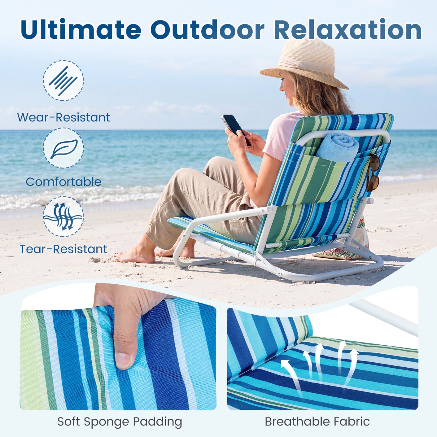 Set of 2 Folding Beach Chairs with Padded Seat, Navy Beach & Lawn Chairs at Gallery Canada