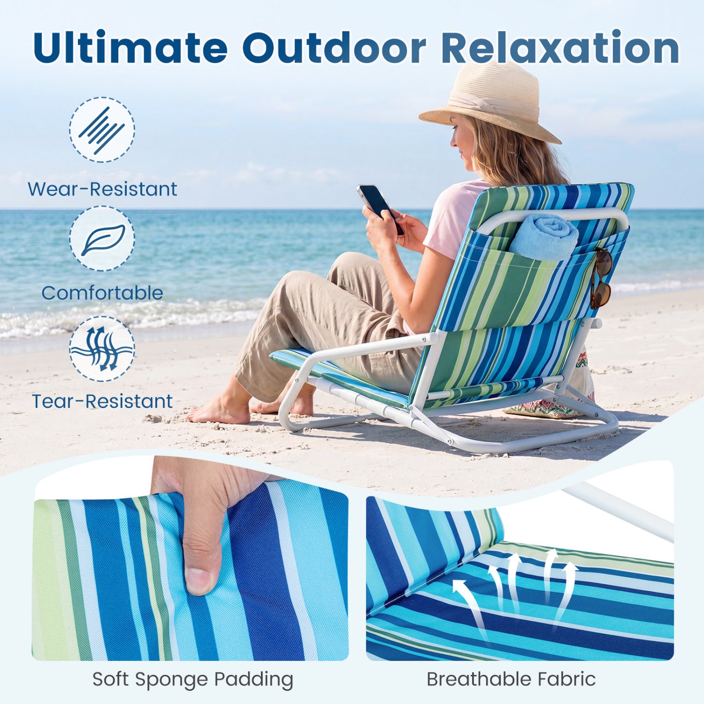 Set of 2 Folding Beach Chairs with Padded Seat, Navy Beach & Lawn Chairs at Gallery Canada
