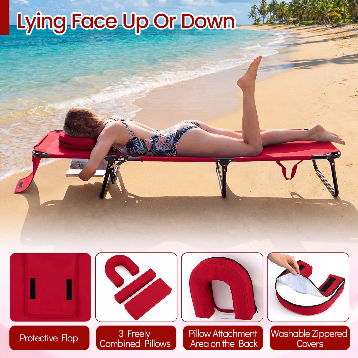 Folding Face Down Tanning Chair, Set of 2, 3 Removable Pillows, Red Beach & Lawn Chairs at Gallery Canada