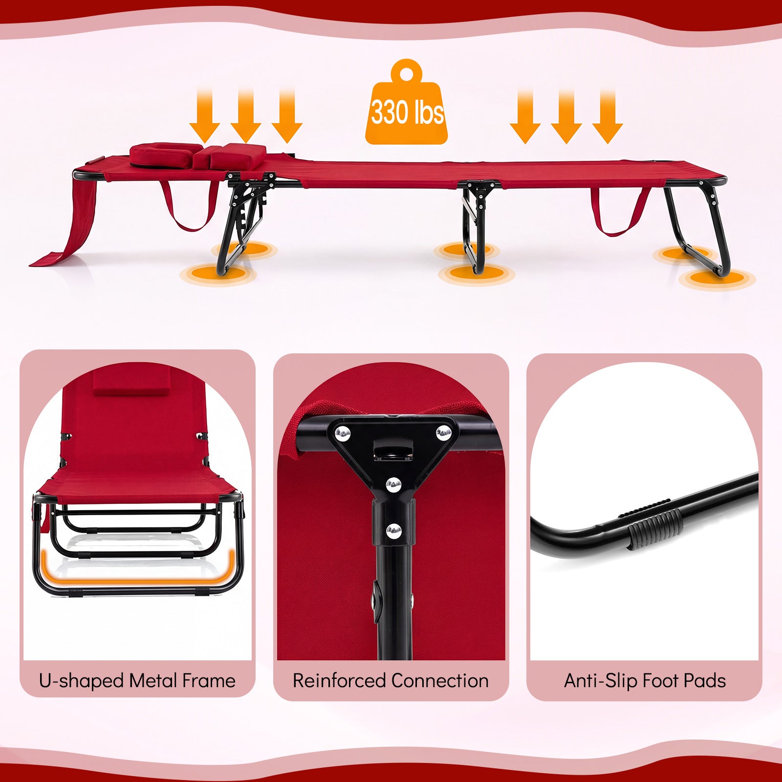 Folding Face Down Tanning Chair, Set of 2, 3 Removable Pillows, Red Beach & Lawn Chairs at Gallery Canada