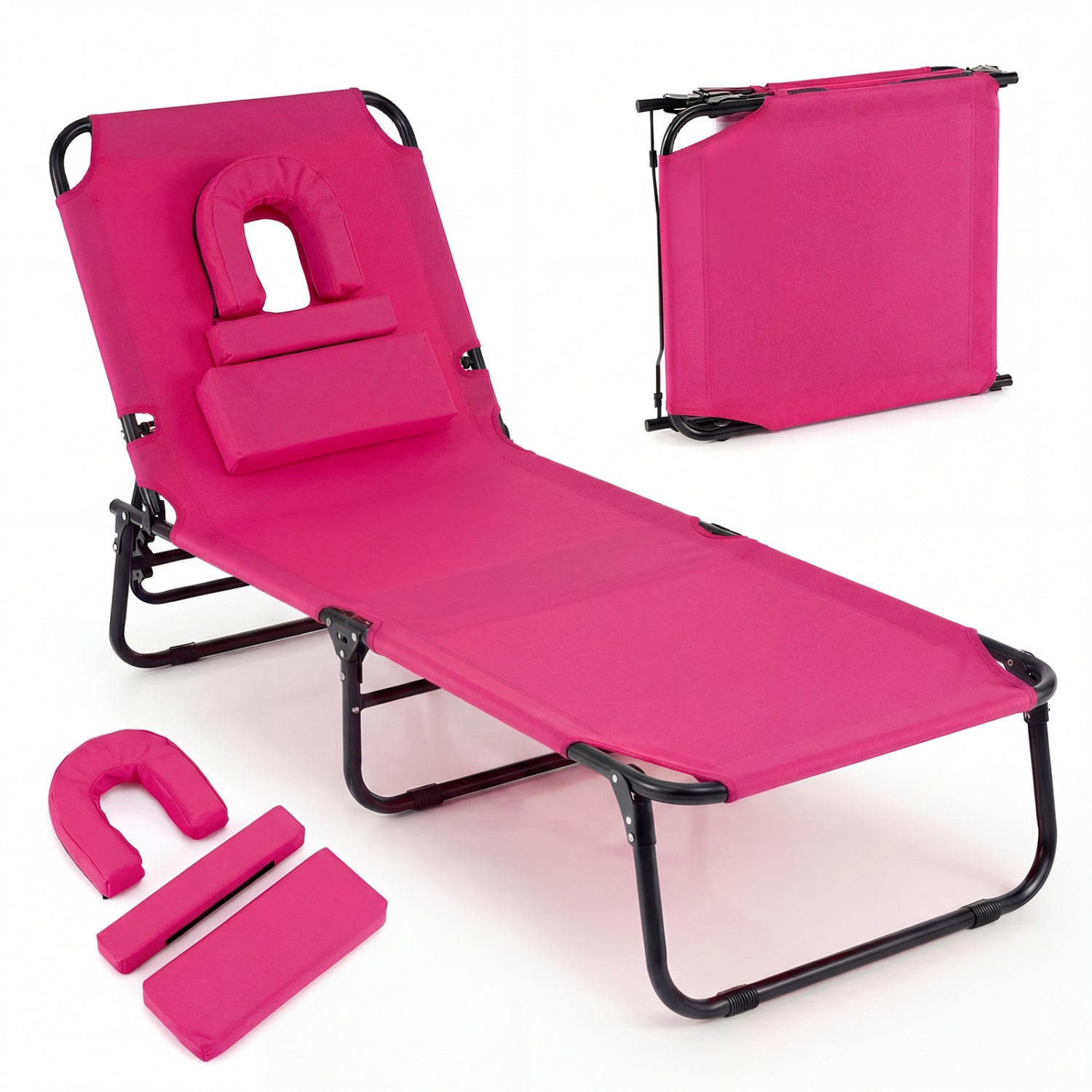 Folding Face Down Tanning Chair, Set Of 2, 3 Removable Pillows, Pink Beach & Lawn Chairs Pink at Gallery Canada