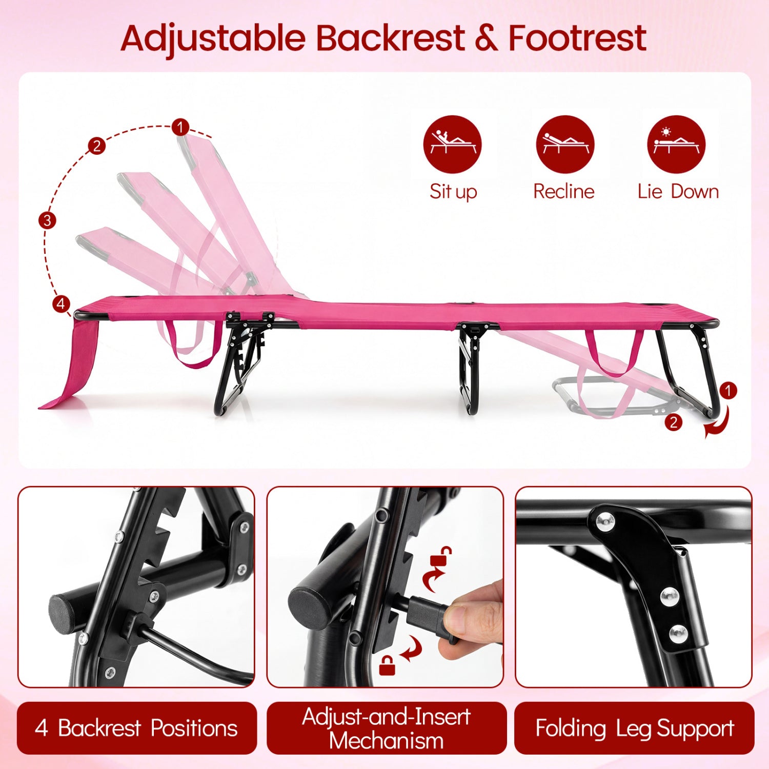 Folding Face Down Tanning Chair, Set Of 2, 3 Removable Pillows, Pink Beach & Lawn Chairs at Gallery Canada