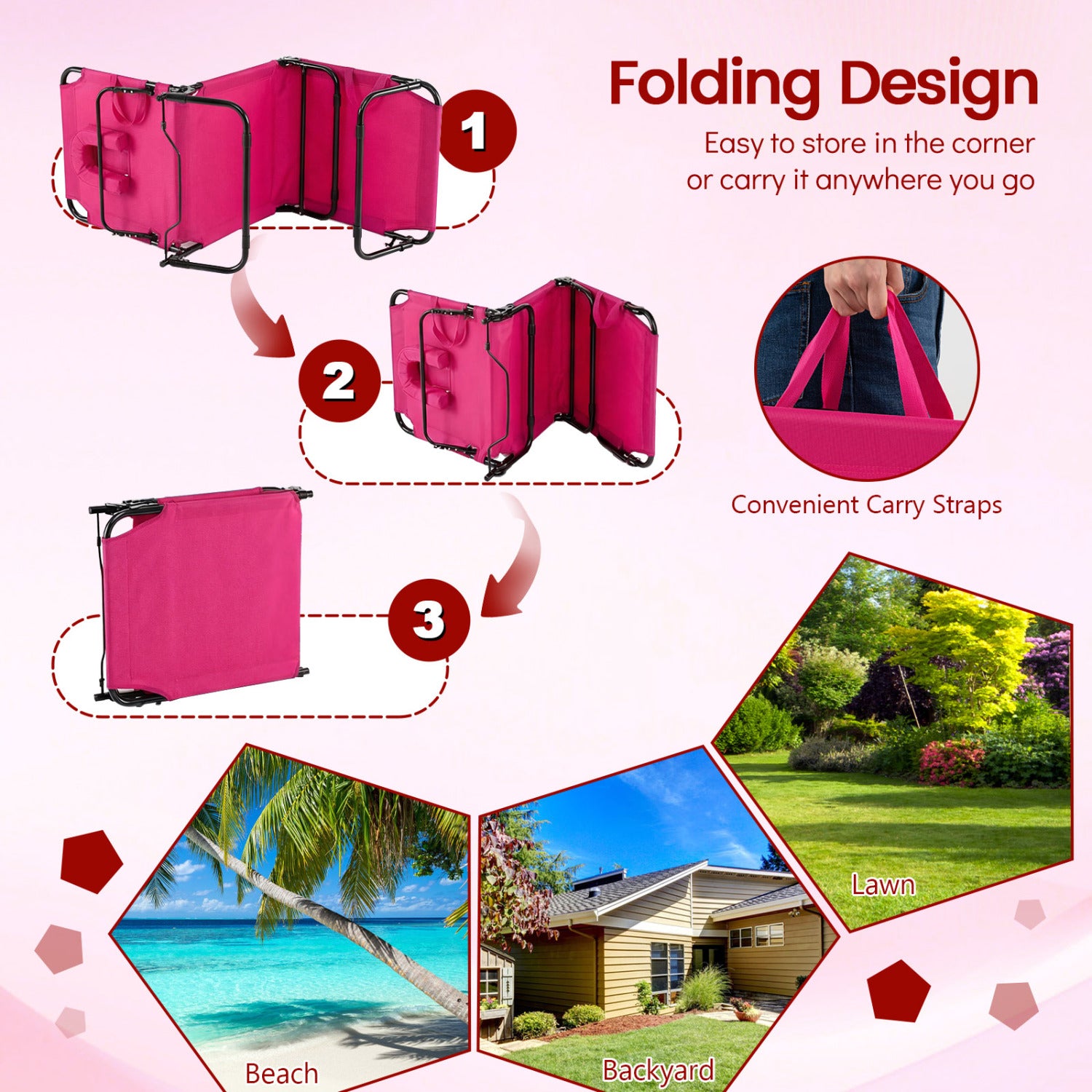 Folding Face Down Tanning Chair, Set Of 2, 3 Removable Pillows, Pink Beach & Lawn Chairs at Gallery Canada
