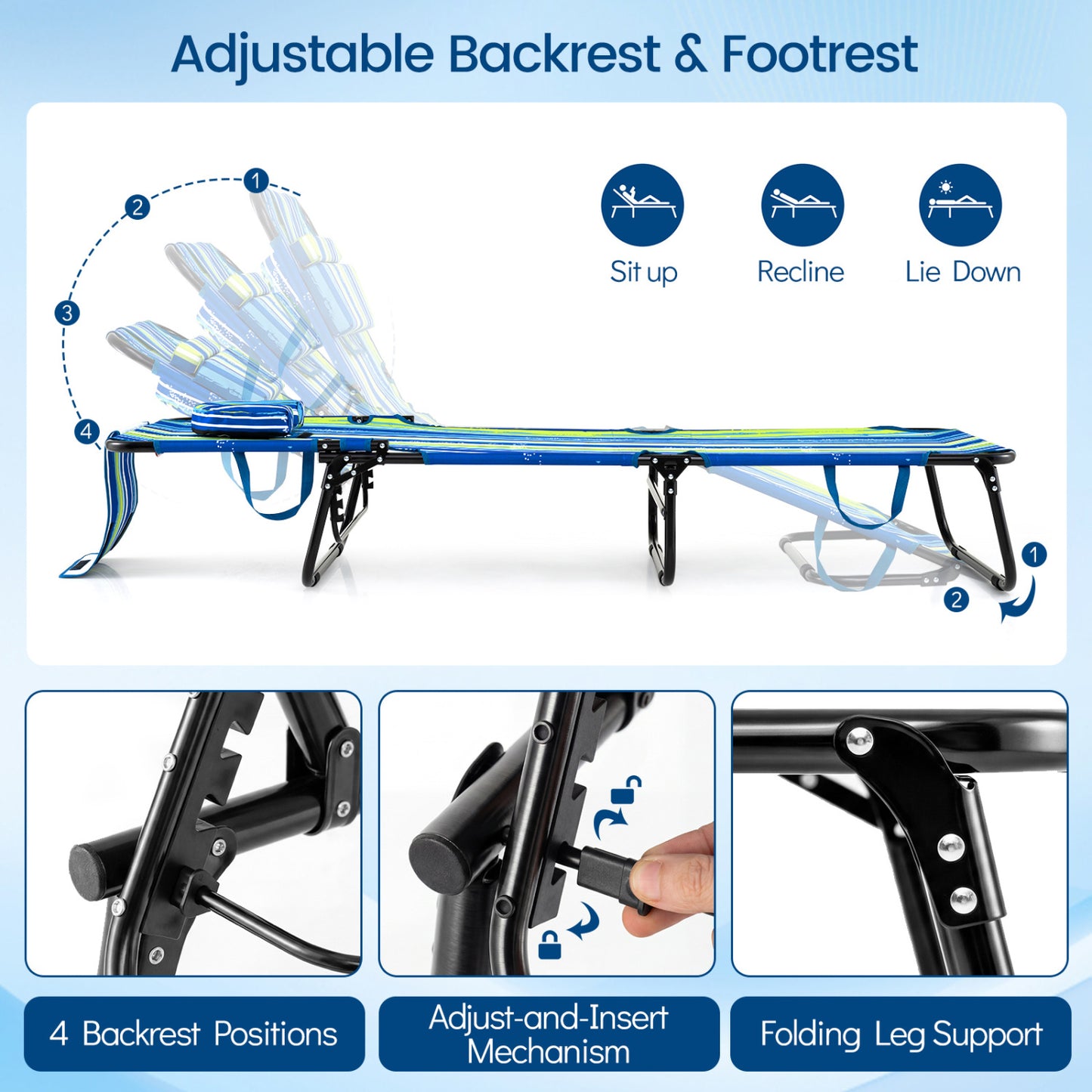 Folding Face Down Tanning Chair, Set of 2, 3 Removable Pillows, Blue and Green Beach & Lawn Chairs at Gallery Canada