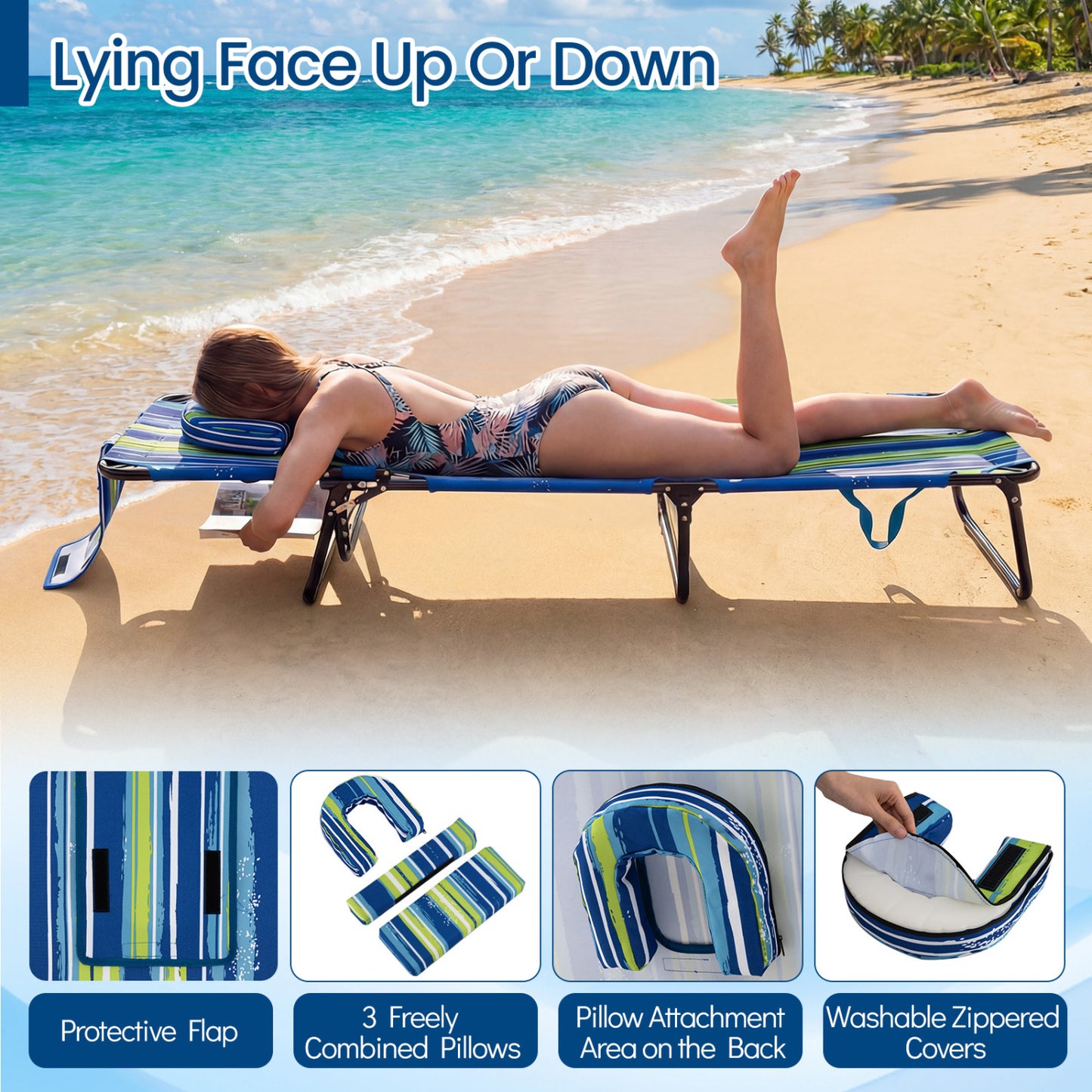Folding Face Down Tanning Chair, Set of 2, 3 Removable Pillows, Blue and Green Beach & Lawn Chairs at Gallery Canada