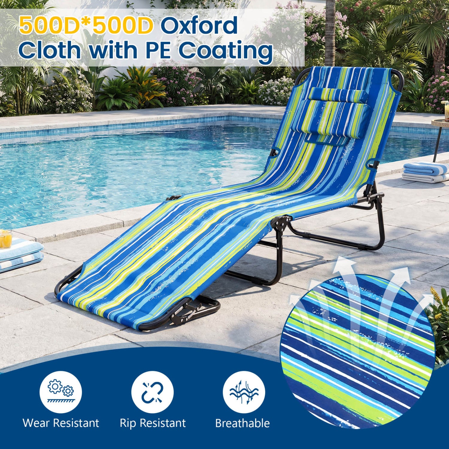 Folding Face Down Tanning Chair, Set of 2, 3 Removable Pillows, Blue and Green Beach & Lawn Chairs at Gallery Canada