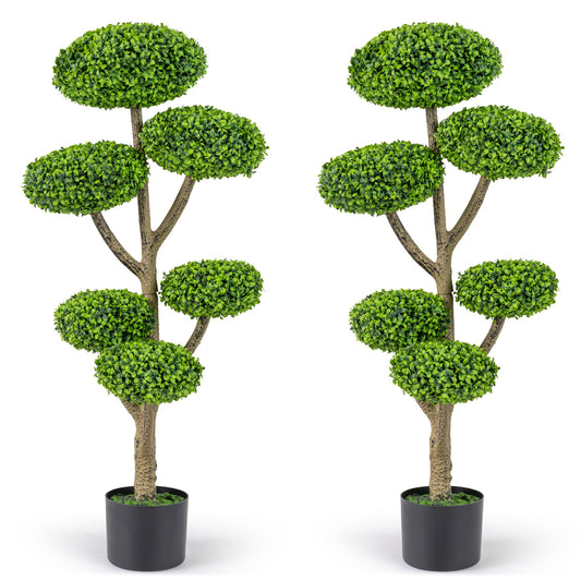 Set of 2 Indoor Outdoor 6 Balls Topiary Tree with Realistic Trunk and Weighted Cement-Filled Base Faux Plants Green + Natural + Black at Gallery Canada