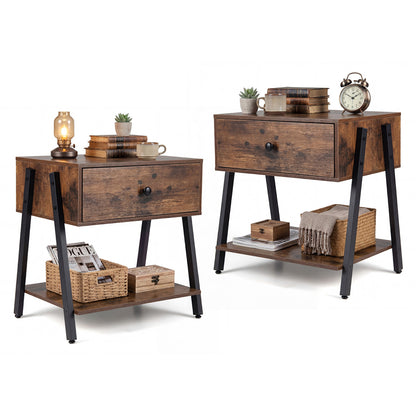 Set of 2 Industrial Nightstand, Adjustable Foot Pads, Rustic Brown Nightstands Rustic Brown at Gallery Canada