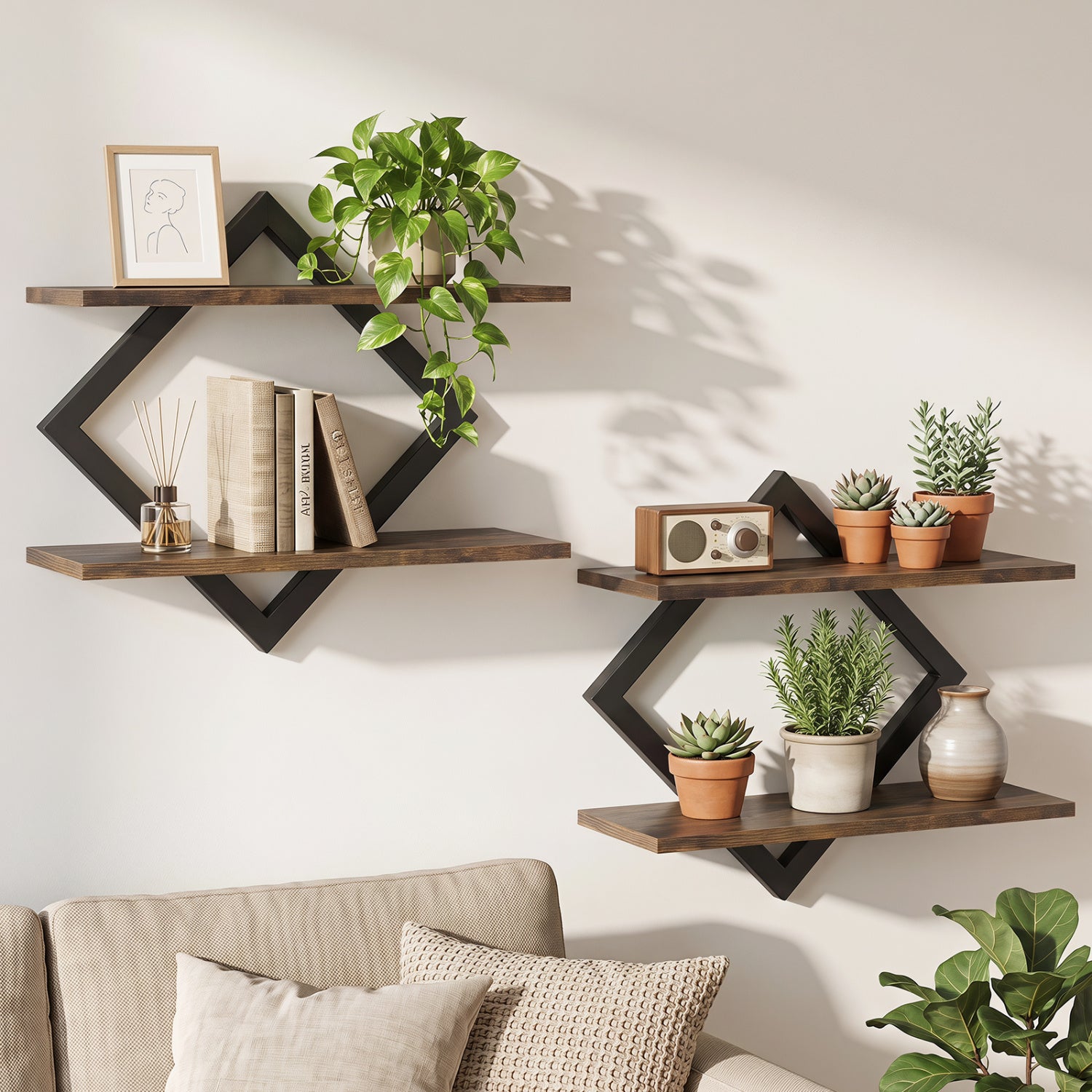 Set of 2 Metal Floating Shelves, Rustic Brown Bookcases at Gallery Canada