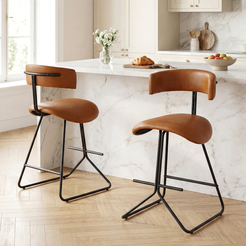 Set Of 2 Counter Height Stools, 25 Inch, Faux Leather, Espresso