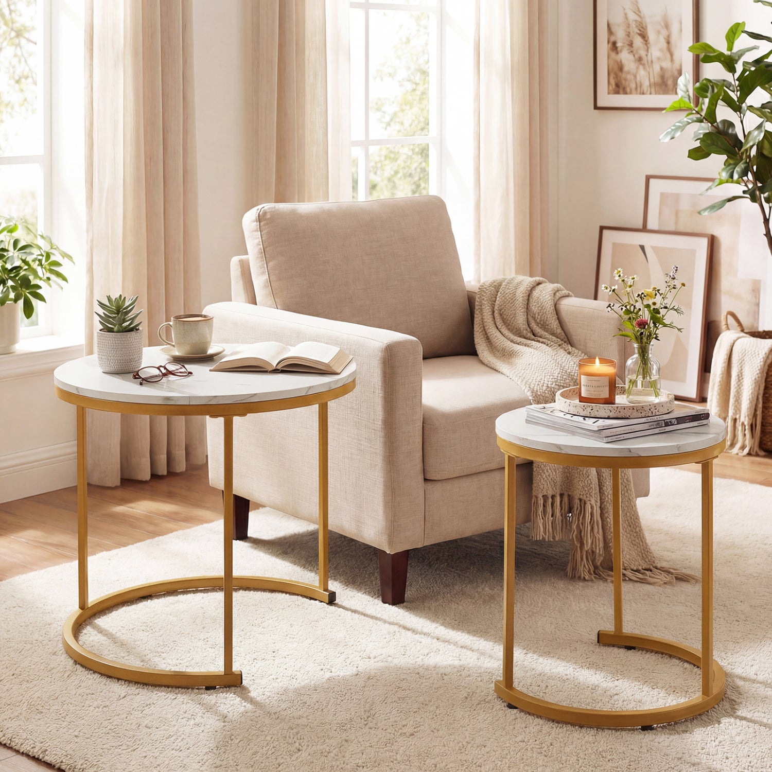 Set Of 2 Modern Round Stacking Nesting Coffee Tables, Golden Coffee Tables at Gallery Canada