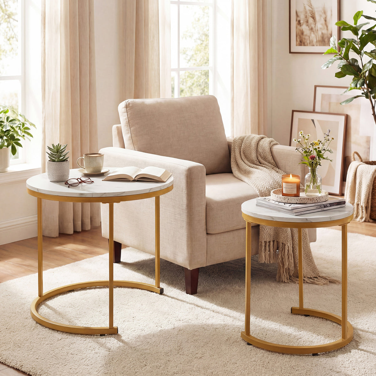 Set Of 2 Modern Round Stacking Nesting Coffee Tables, Golden Coffee Tables at Gallery Canada
