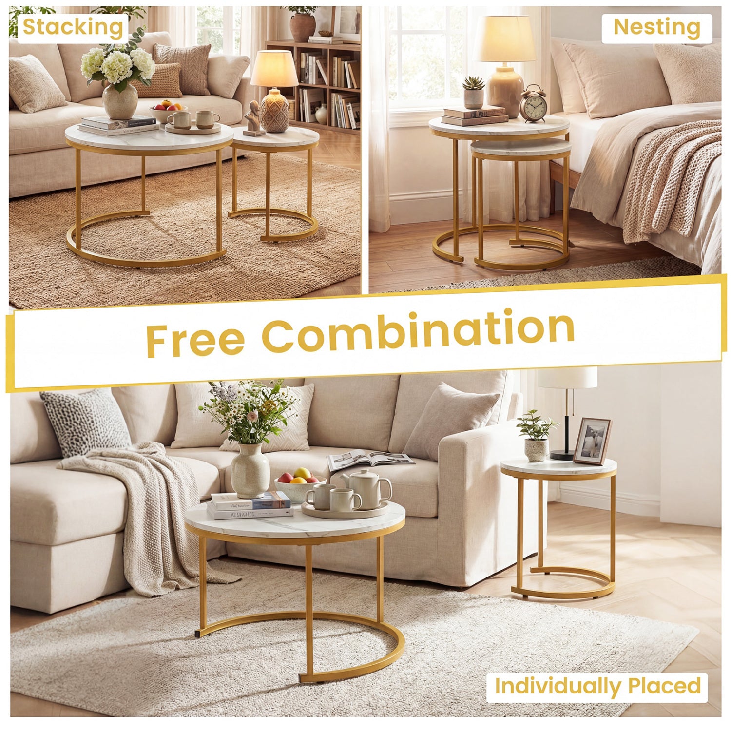 Set Of 2 Modern Round Stacking Nesting Coffee Tables, Golden Coffee Tables at Gallery Canada