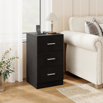 Set of 2 Nightstand with Charging Station End Table with 3 Storage Drawers Bedside Table for Bedroom, Black Nightstands at Gallery Canada