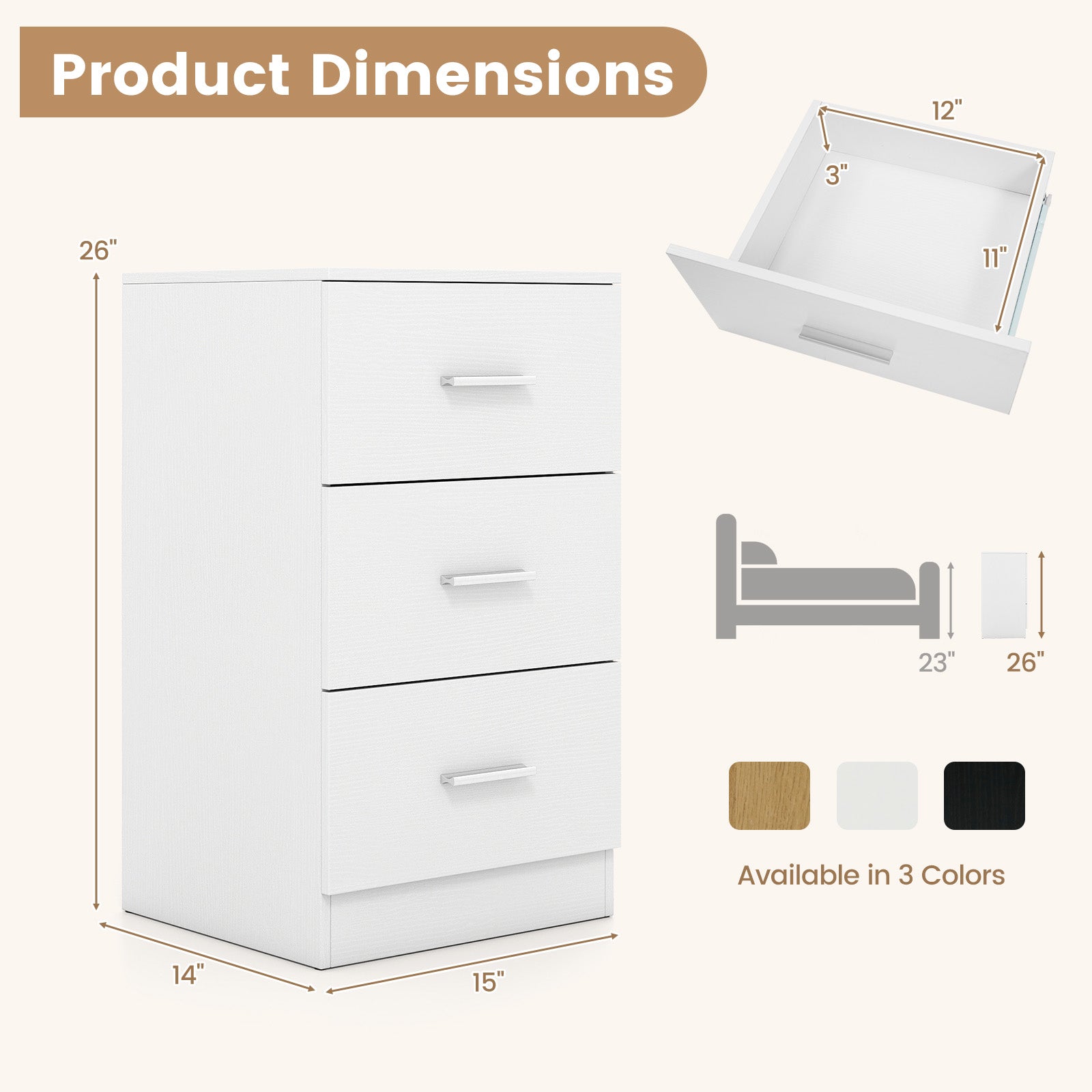 Set of 2 Nightstand with Charging Station End Table with 3 Storage Drawers Bedside Table for Bedroom, White Nightstands at Gallery Canada