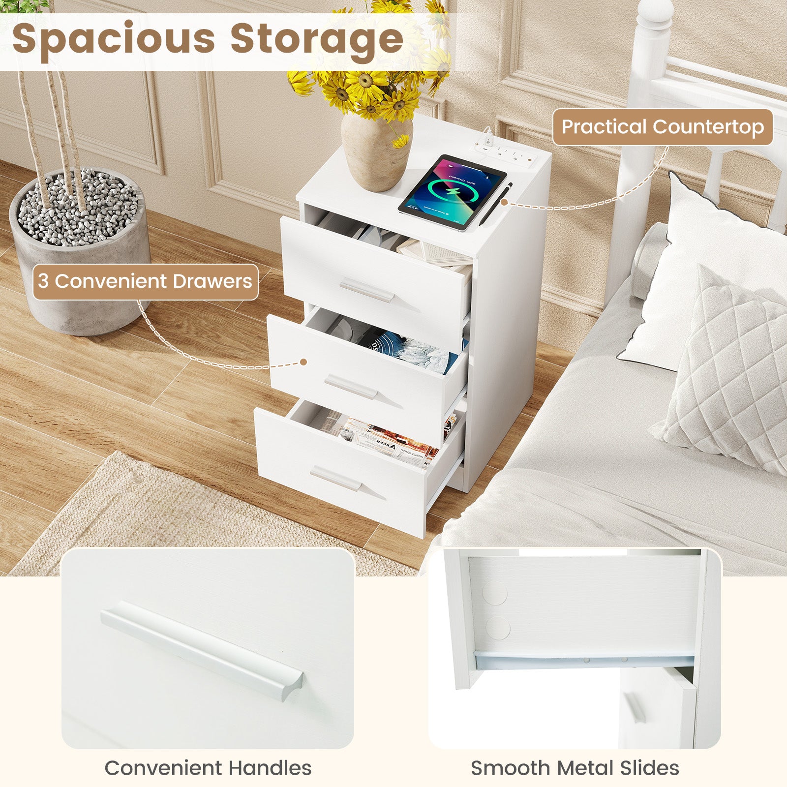 Set of 2 Nightstand with Charging Station End Table with 3 Storage Drawers Bedside Table for Bedroom, White Nightstands at Gallery Canada