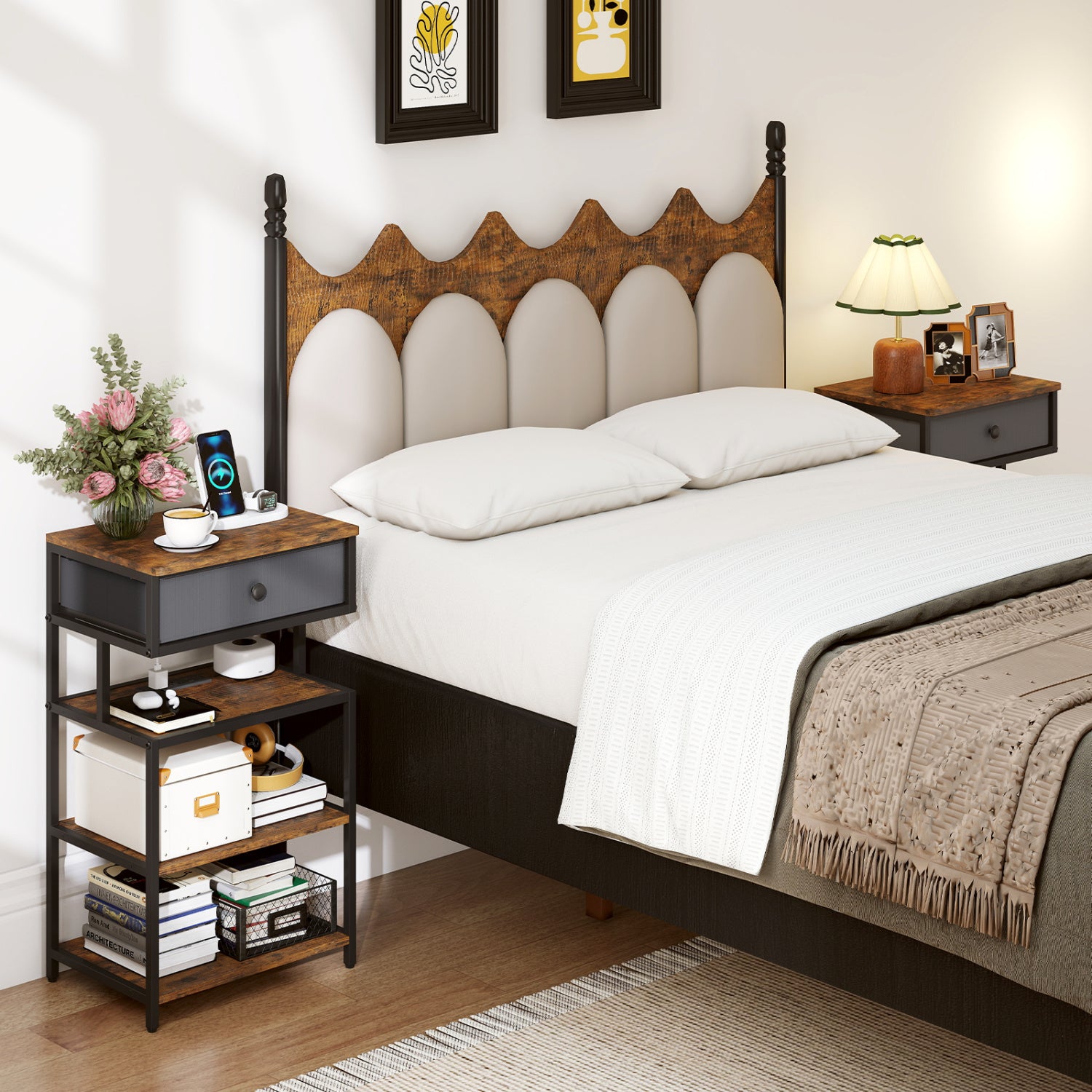 Set Of 2 Nightstands, 28 Inch Tall, Charging Station, Rustic Brown Nightstands at Gallery Canada