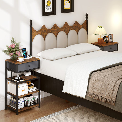 Set Of 2 Nightstands, 28 Inch Tall, Charging Station, Rustic Brown