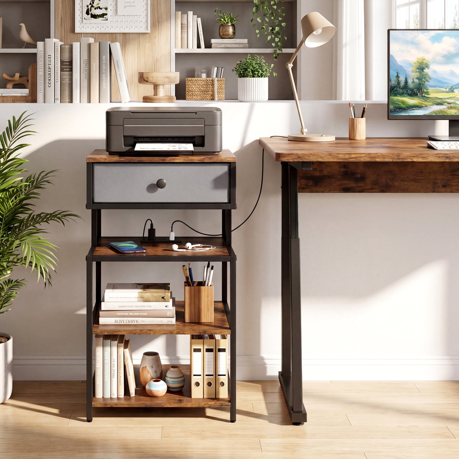 Set Of 2 Nightstands, 28 Inch Tall, Charging Station, Rustic Brown Nightstands at Gallery Canada