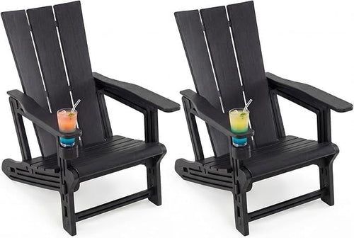 Set Of 2 Outdoor Adirondack Chairs With Cup Holder, Black