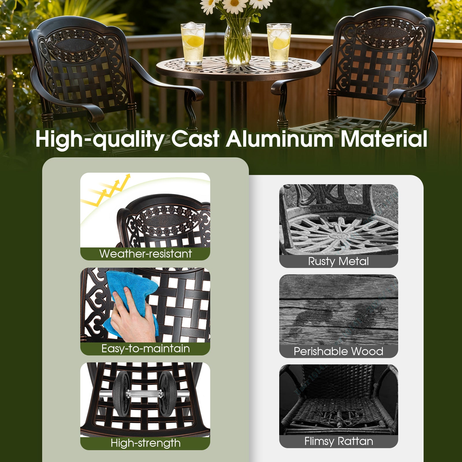 Set of 2 Outdoor Bar Stool 25.5 Inch Counter Height Cast Aluminum Bar Chairs, Copper Patio Bar Furniture at Gallery Canada