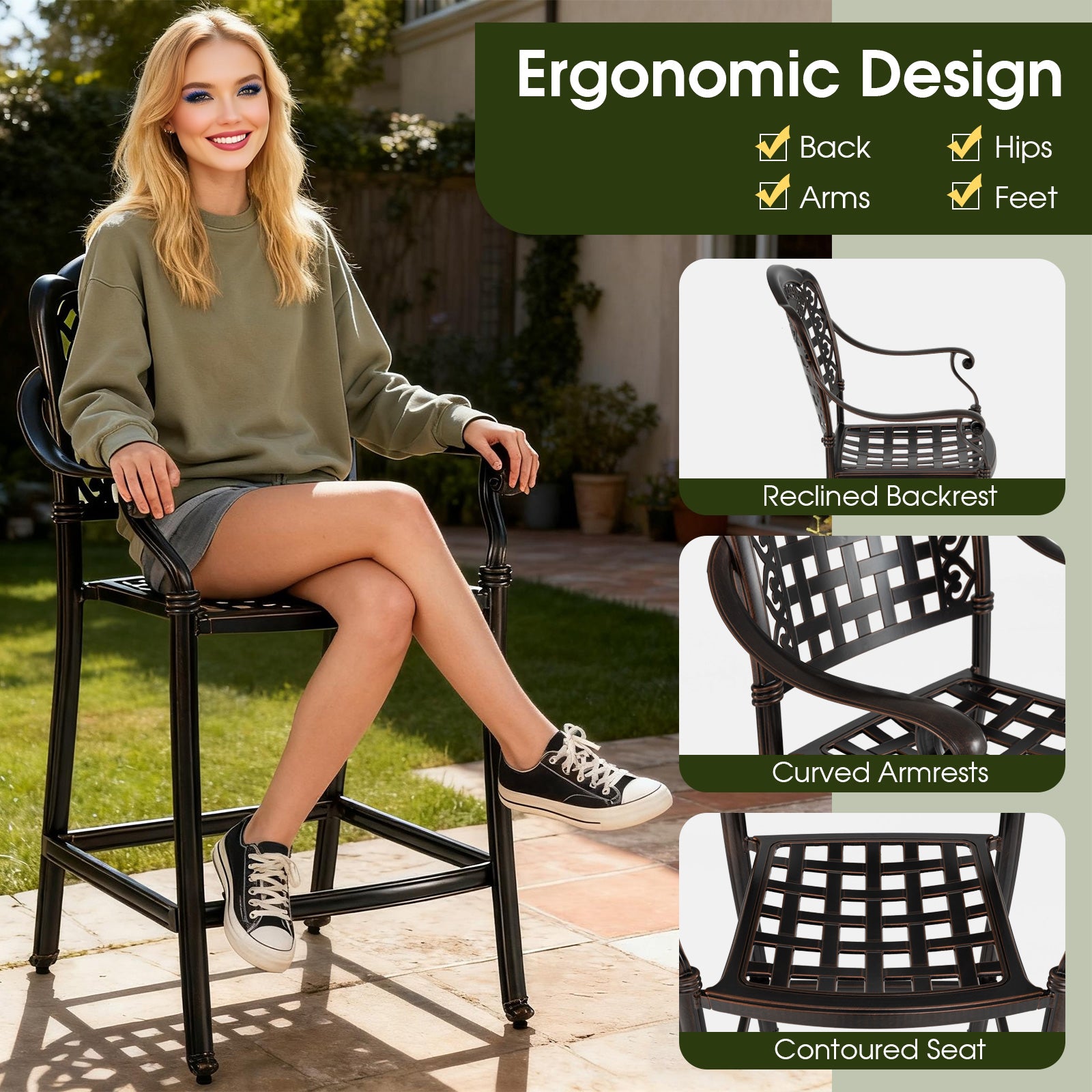 Set of 2 Outdoor Bar Stool 25.5 Inch Counter Height Cast Aluminum Bar Chairs, Copper Patio Bar Furniture at Gallery Canada