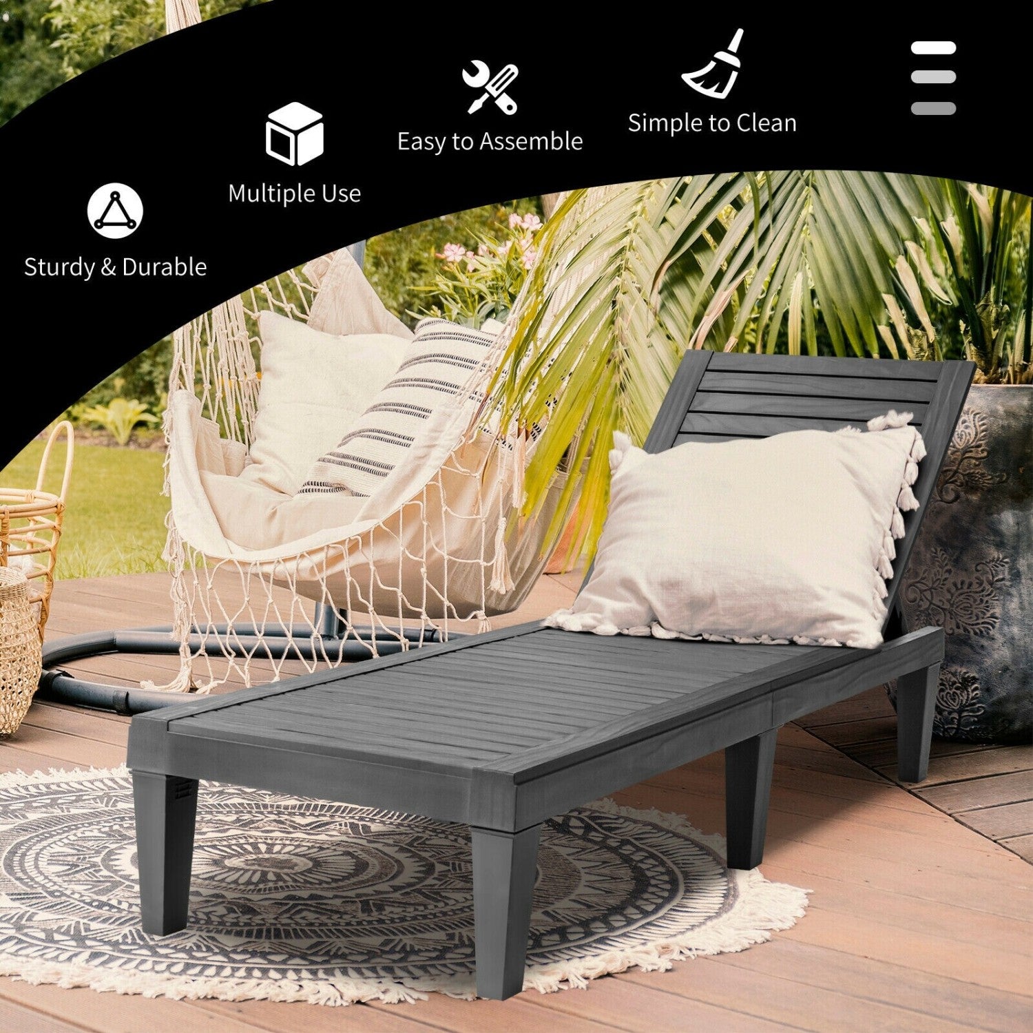 Set of 2 Outdoor Chaise Lounge Chair with 5 Positions Adjustable Backrest, Black Outdoor Chaise Lounges at Gallery Canada