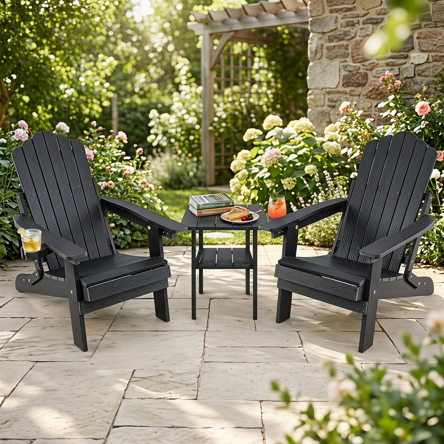 Set of 2 Outdoor Folding Adirondack Chairs with Cup Holder, Black Adirondack Chairs at Gallery Canada