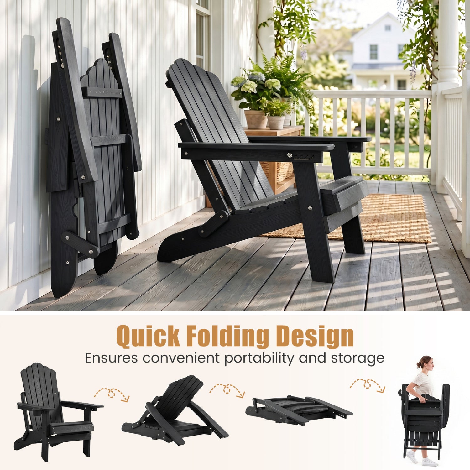 Set of 2 Outdoor Folding Adirondack Chairs with Cup Holder, Black Adirondack Chairs at Gallery Canada