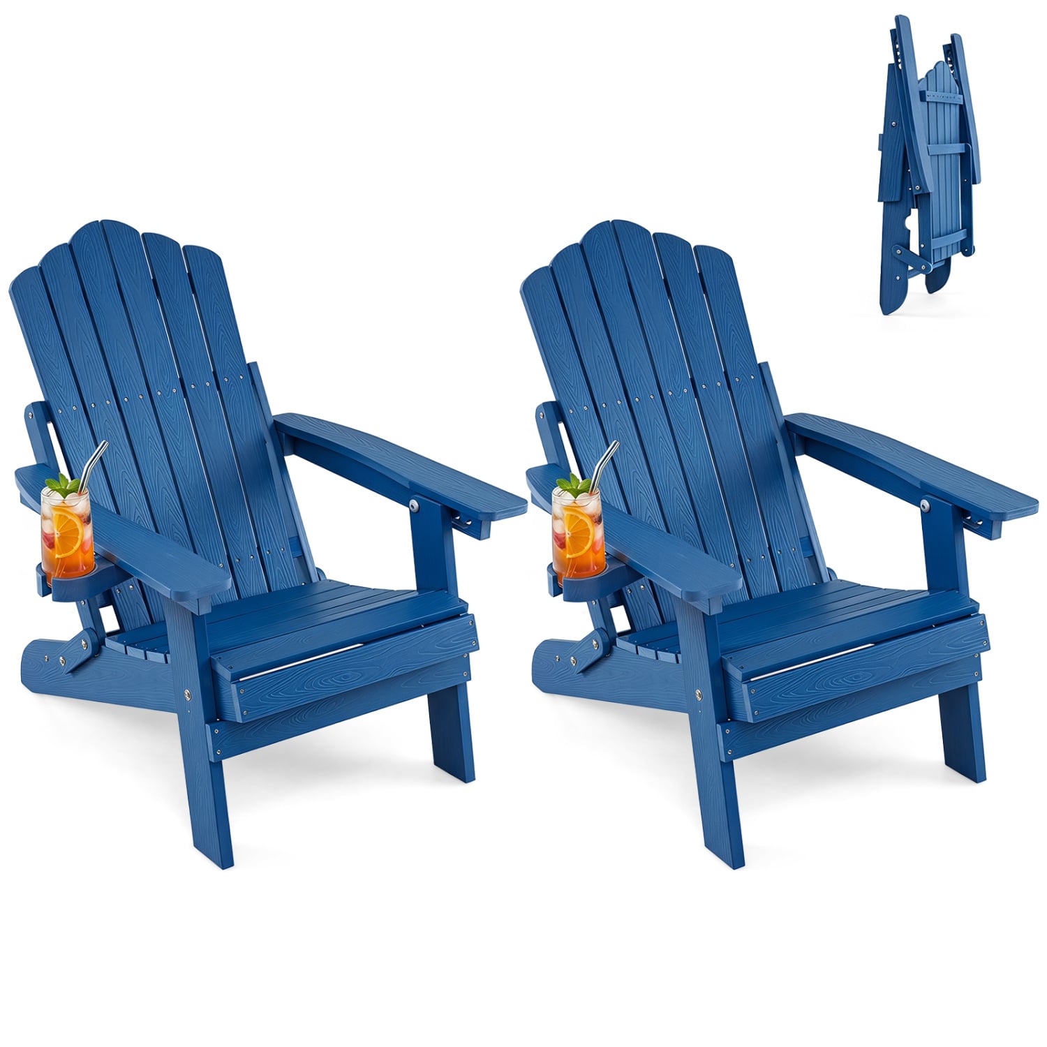 Set of 2 Outdoor Folding Adirondack Chairs with Cup Holder, Navy Adirondack Chairs Navy at Gallery Canada