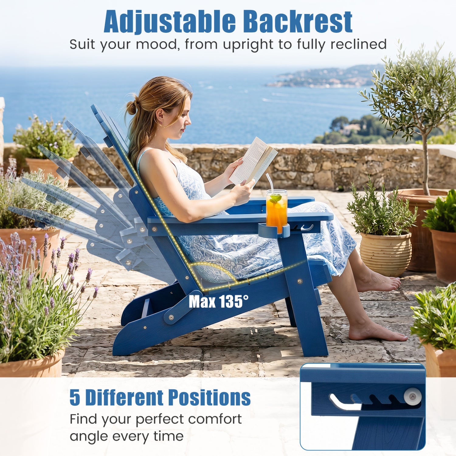 Set of 2 Outdoor Folding Adirondack Chairs with Cup Holder, Navy Adirondack Chairs at Gallery Canada