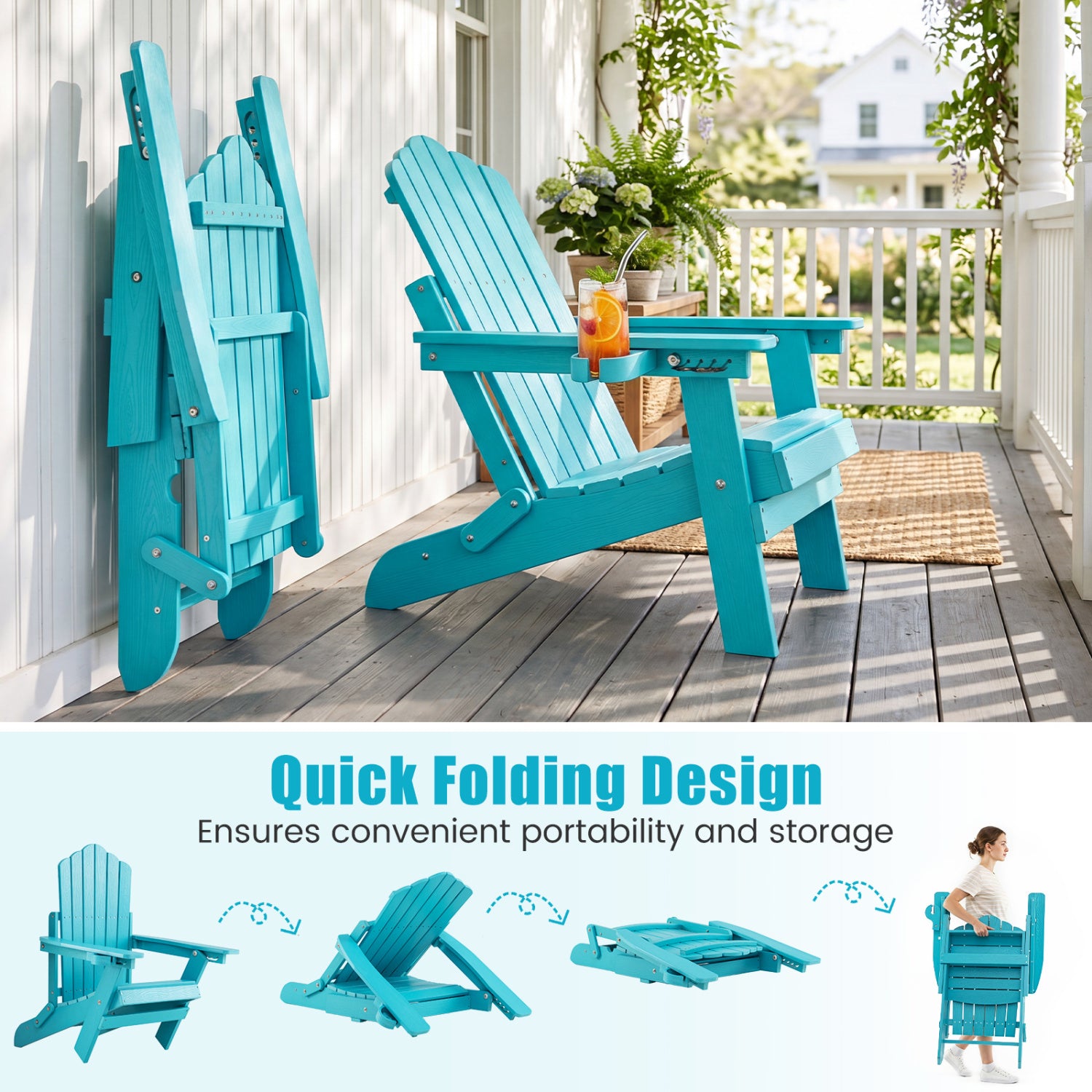 Set Of 2 Folding Adirondack Chairs With Cup Holder, Turquoise Adirondack Chairs at Gallery Canada