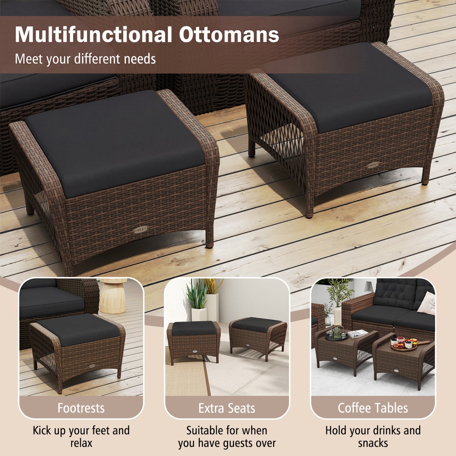 Set Of 2 PE Wicker Ottomans With Cushions, Black Outdoor Seating & Patio Chairs at Gallery Canada