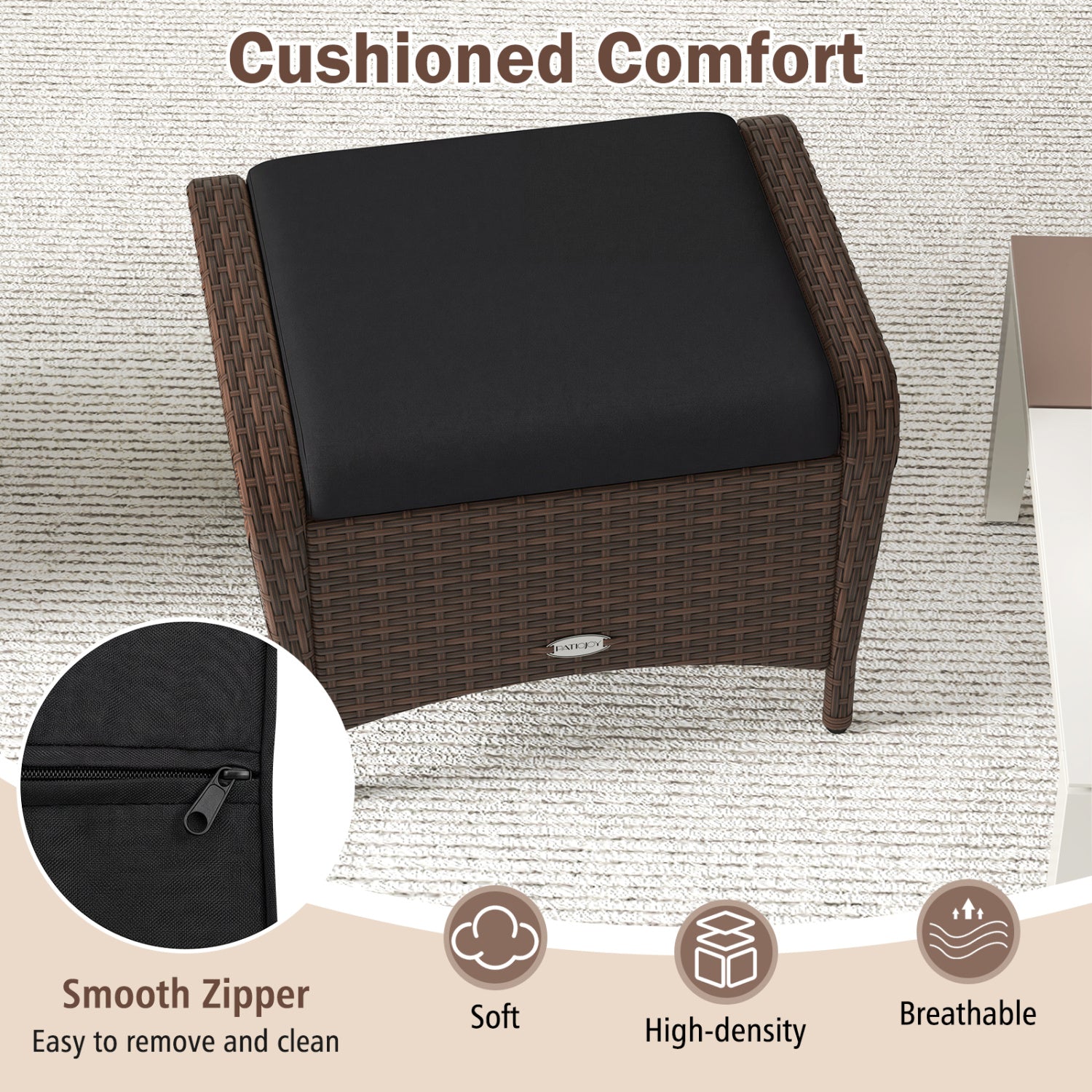 Set Of 2 PE Wicker Ottomans With Cushions, Black Outdoor Seating & Patio Chairs at Gallery Canada