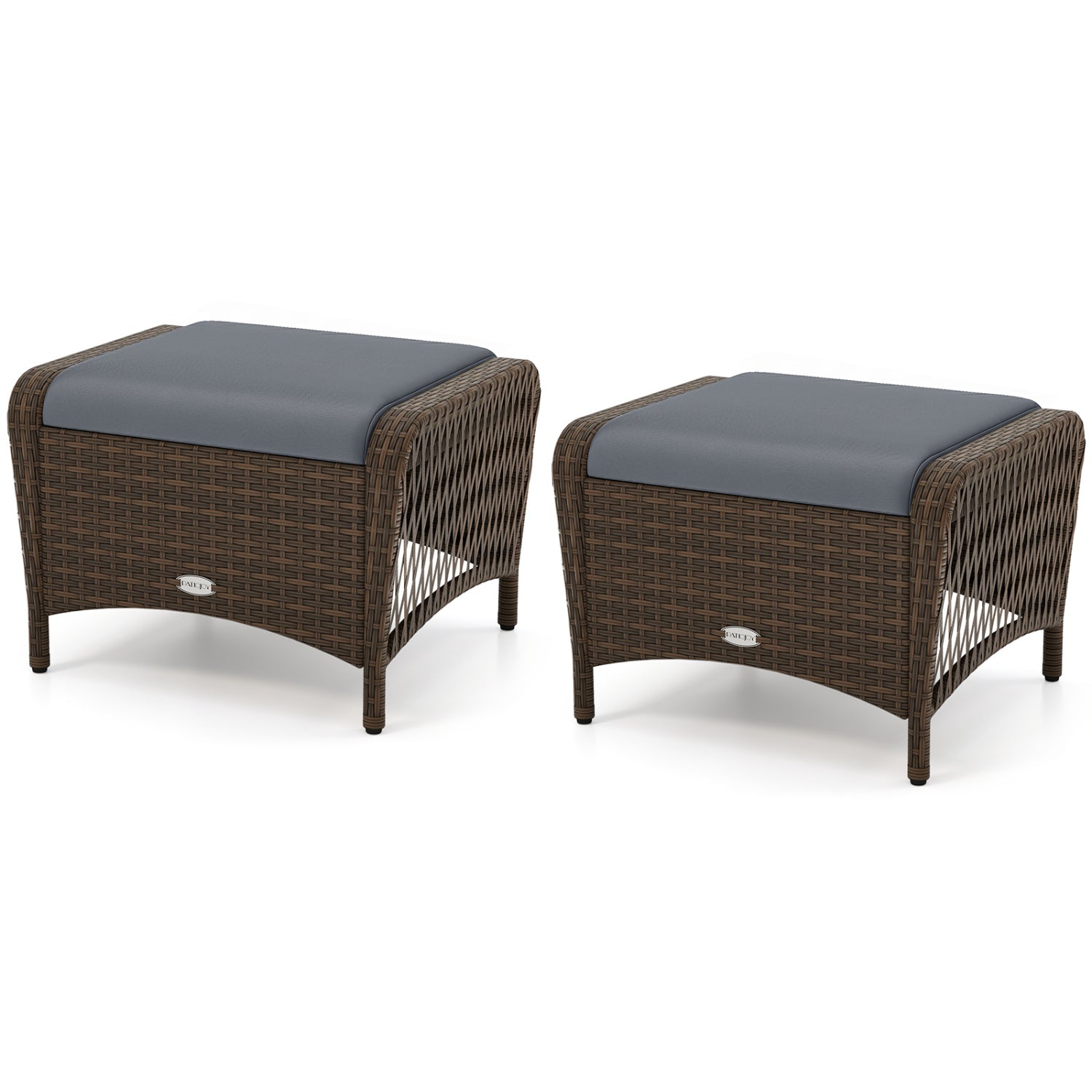 Set Of 2 PE Wicker Ottomans With Cushions, Grey Outdoor Seating & Patio Chairs Gray at Gallery Canada