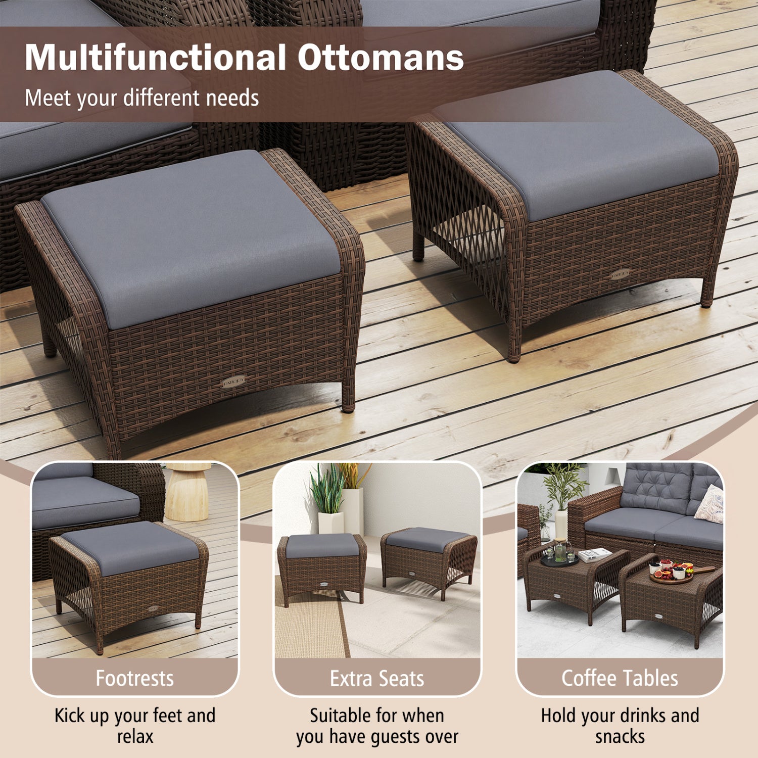 Set Of 2 PE Wicker Ottomans With Cushions, Grey Outdoor Seating & Patio Chairs at Gallery Canada
