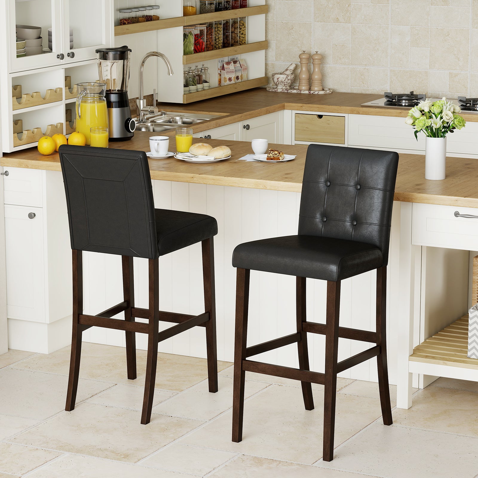 Set of 2 PVC Dining Leather Bar Stools with Solid Wood Legs-29 inches Bar Stools at Gallery Canada