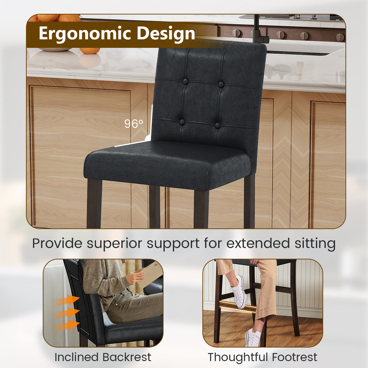 Set of 2 PVC Dining Leather Bar Stools with Solid Wood Legs-29 inches Bar Stools at Gallery Canada
