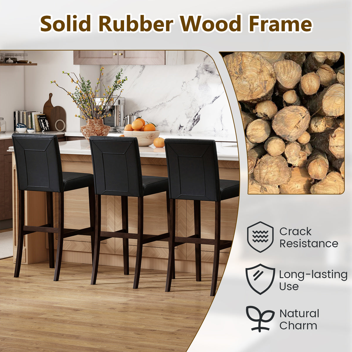 Set of 2 PVC Dining Leather Bar Stools with Solid Wood Legs-29 inches Bar Stools at Gallery Canada