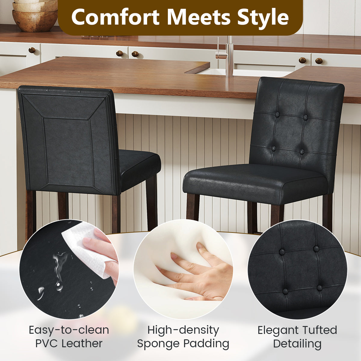 Set Of 2 PVC Leather Bar Stools, Solid Wood Legs, Black Bar Stools at Gallery Canada
